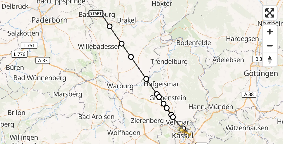 Flugroute Ambulanzhubschrauber Bad Driburg - Kassel, 25 April 2026, 23:51