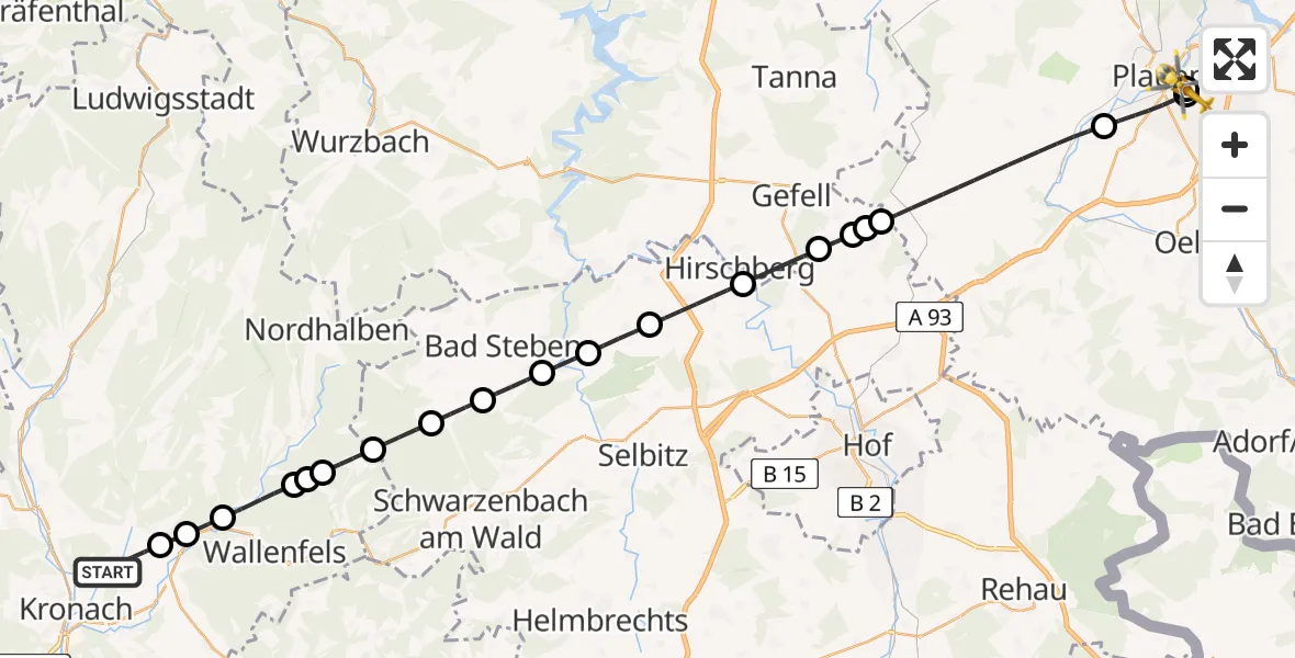 Flugroute Ambulanzhubschrauber Kronach - Helios Clinic Plauen, 25 April 2026, 23:51
