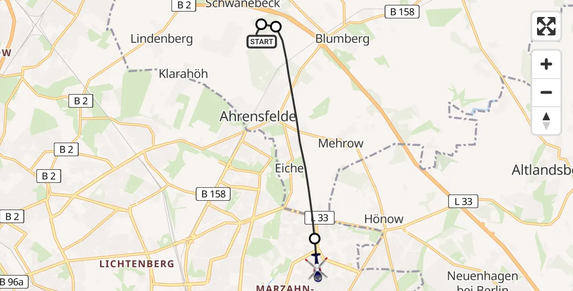 Flugroute Polizeihubschrauber Ahrensfelde Hubschrauberlandeplatz - Berlin, 26 April 2026, 00:02
