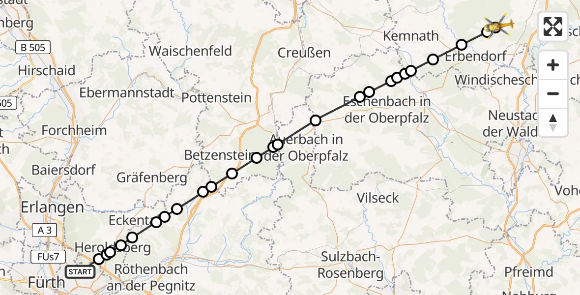 Flugroute Ambulanzhubschrauber Flughafen Nuremberg - Friedenfels, 26 April 2026, 01:01
