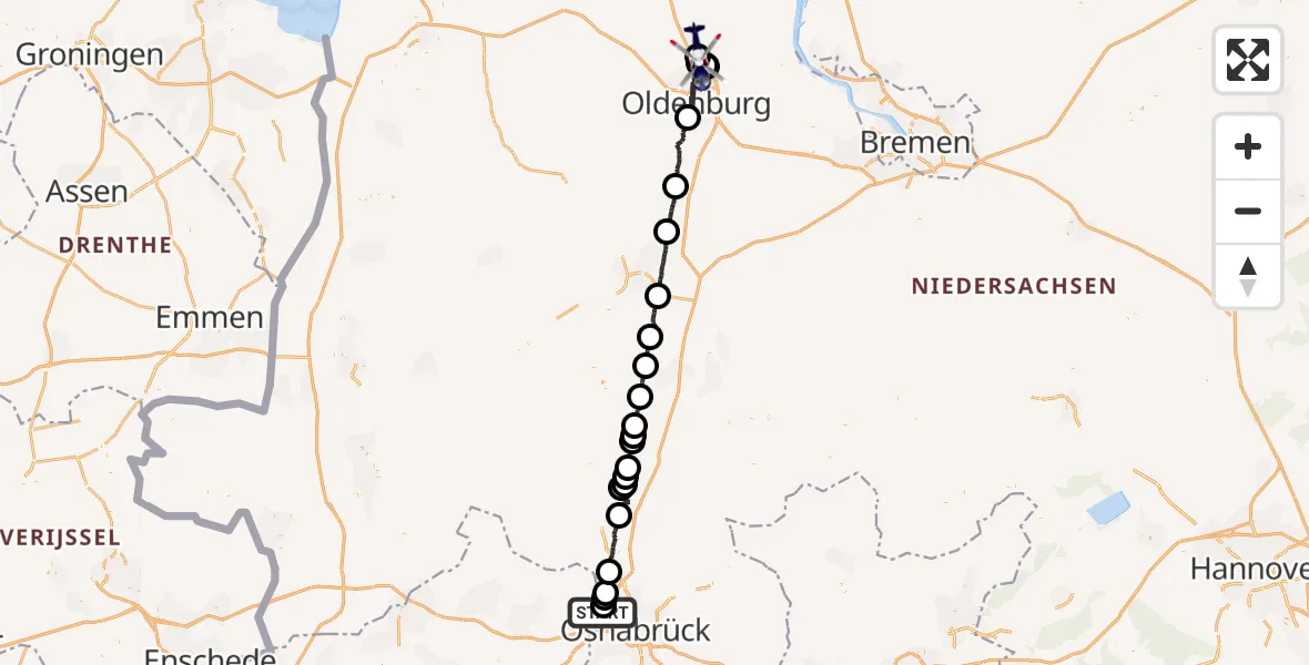 Flugroute Polizeihubschrauber Osnabrück - Oldenburg Police Hubschrauberlandeplatz, 26 April 2026, 01:55
