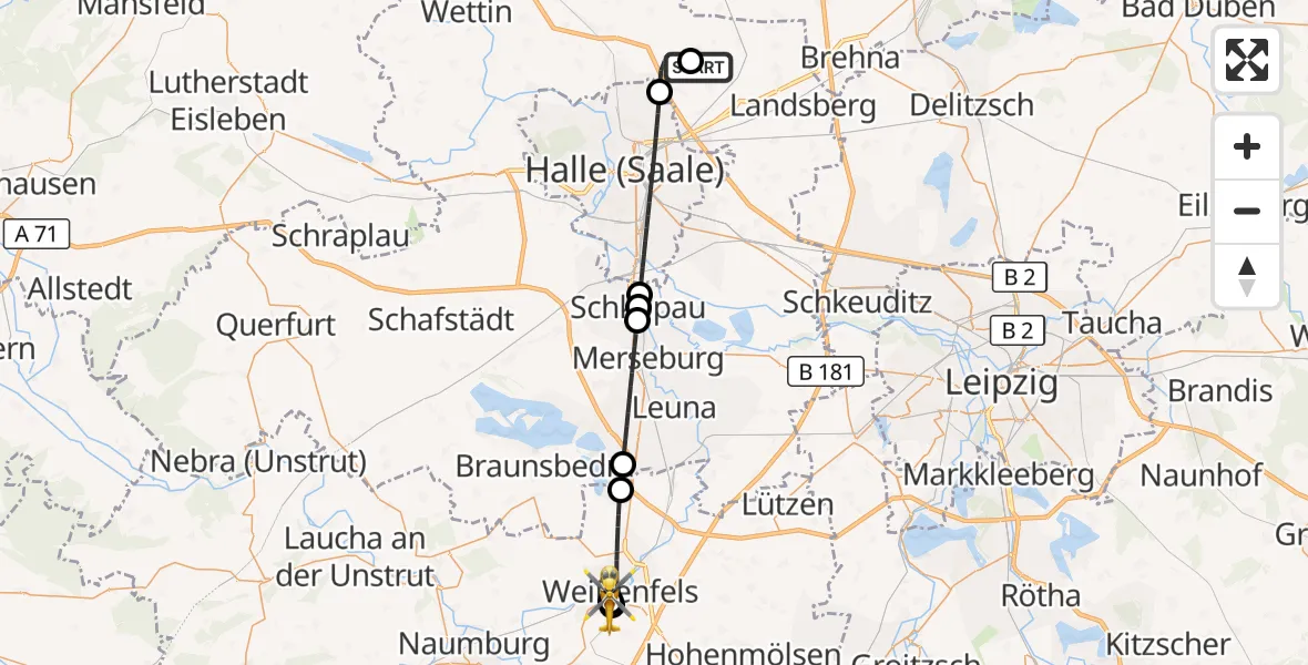 Flugroute Ambulanzhubschrauber Halle-Oppin Flugplatz - Asklepios Clinic Weißenfels, 26 April 2026, 02:13