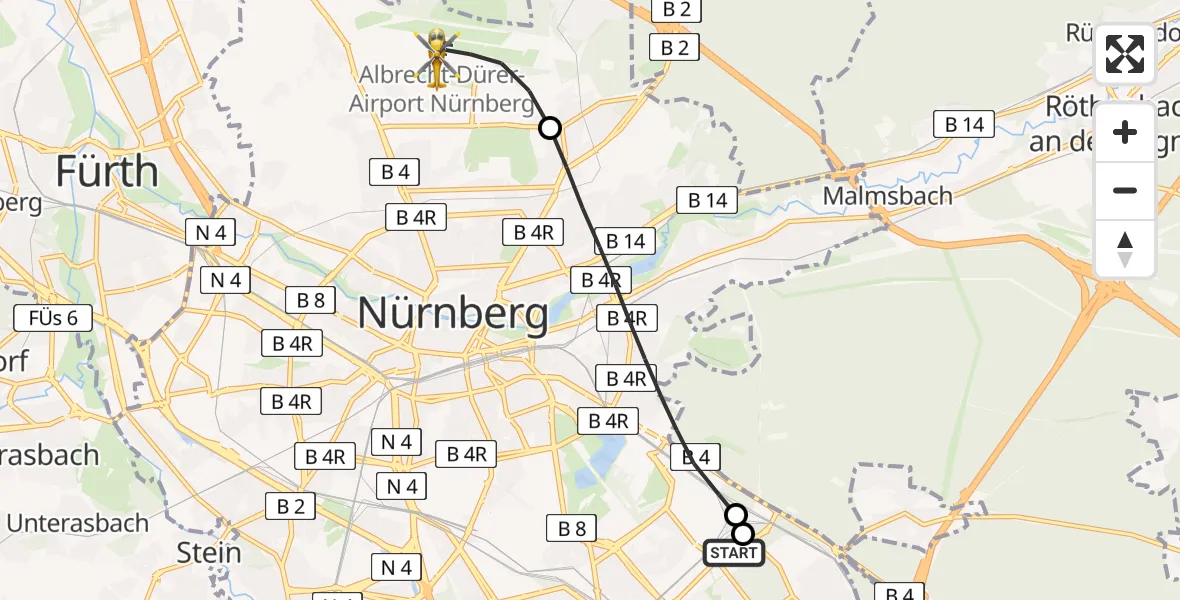 Flugroute Ambulanzhubschrauber Nürnberg South Hospital - Flughafen Nuremberg, 26 April 2026, 02:47