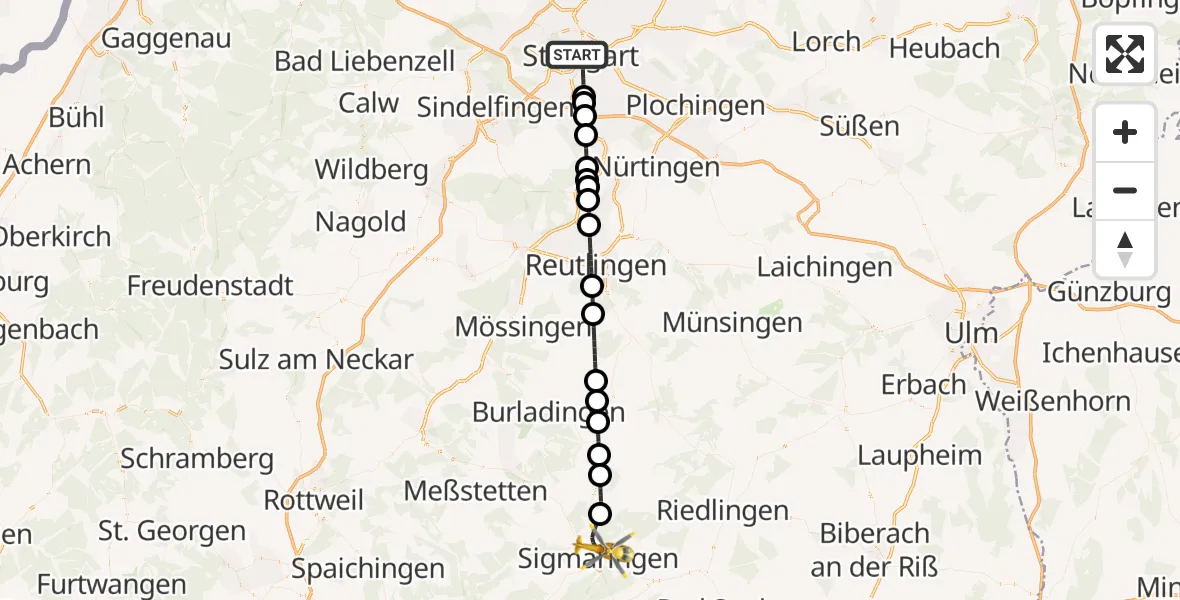 Flugroute Rettungshubschrauber Stuttgart - Sigmaringen, 26 April 2026, 03:01