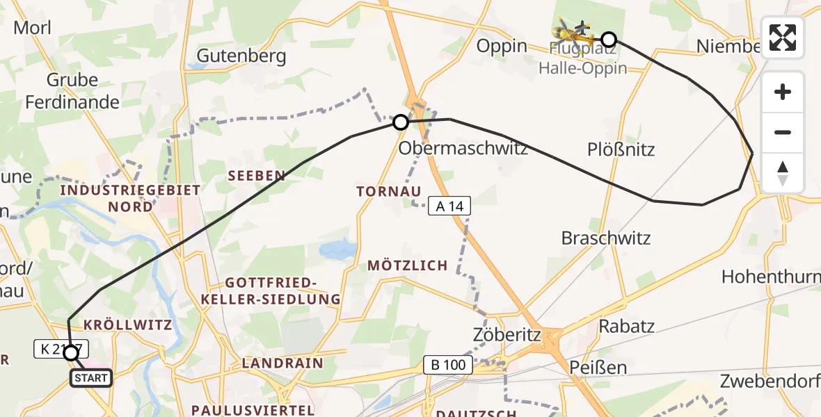 Flugroute Ambulanzhubschrauber Halle (Saale) University Hospital - Halle-Oppin Flugplatz, 26 April 2026, 03:30