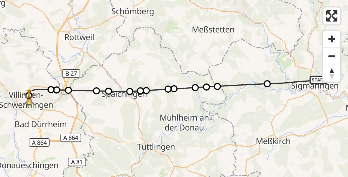 Flugroute Rettungshubschrauber Sigmaringen - DRF Air Rescue Station Villingen-Schwenningen Hubschrauberlandeplatz (Christoph 11), 26 April 2026, 03:34