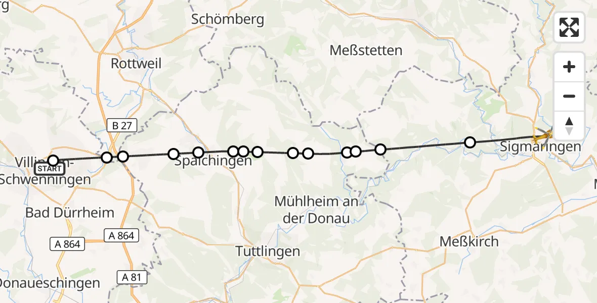 Flugroute Rettungshubschrauber DRF Air Rescue Station Villingen-Schwenningen Hubschrauberlandeplatz (Christoph 11) - Sigmaringen, 26 April 2026, 04:44