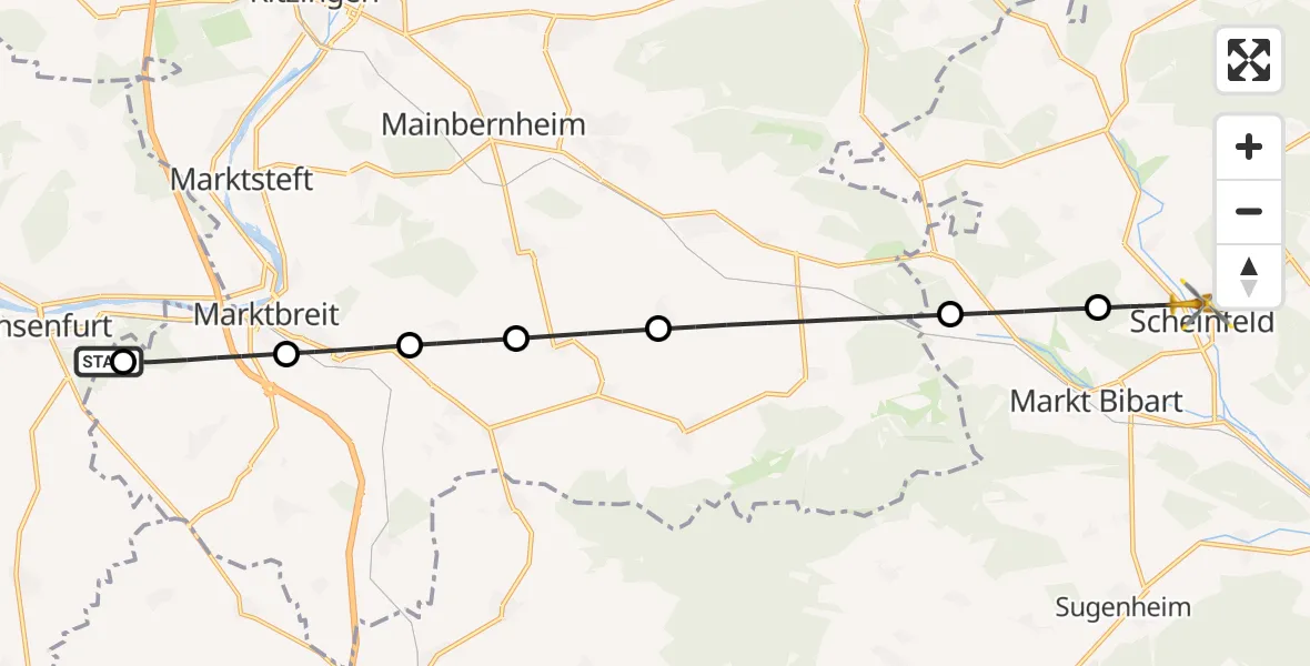 Flugroute Rettungshubschrauber Ochsenfurt Hospital - Scheinfeld, 26 April 2026, 05:16