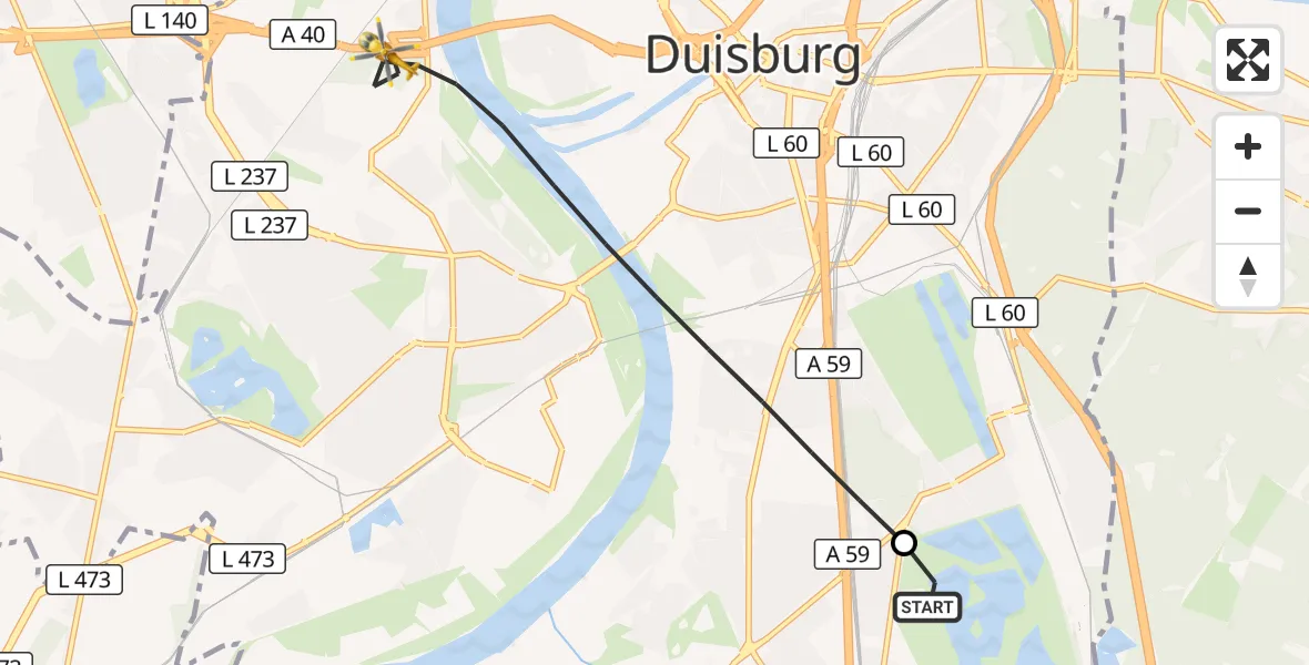 Flugroute Rettungshubschrauber Duisburg Air Rescue Hubschrauberlandeplatz (Christoph 9) - Duisburg, 26 April 2026, 05:25