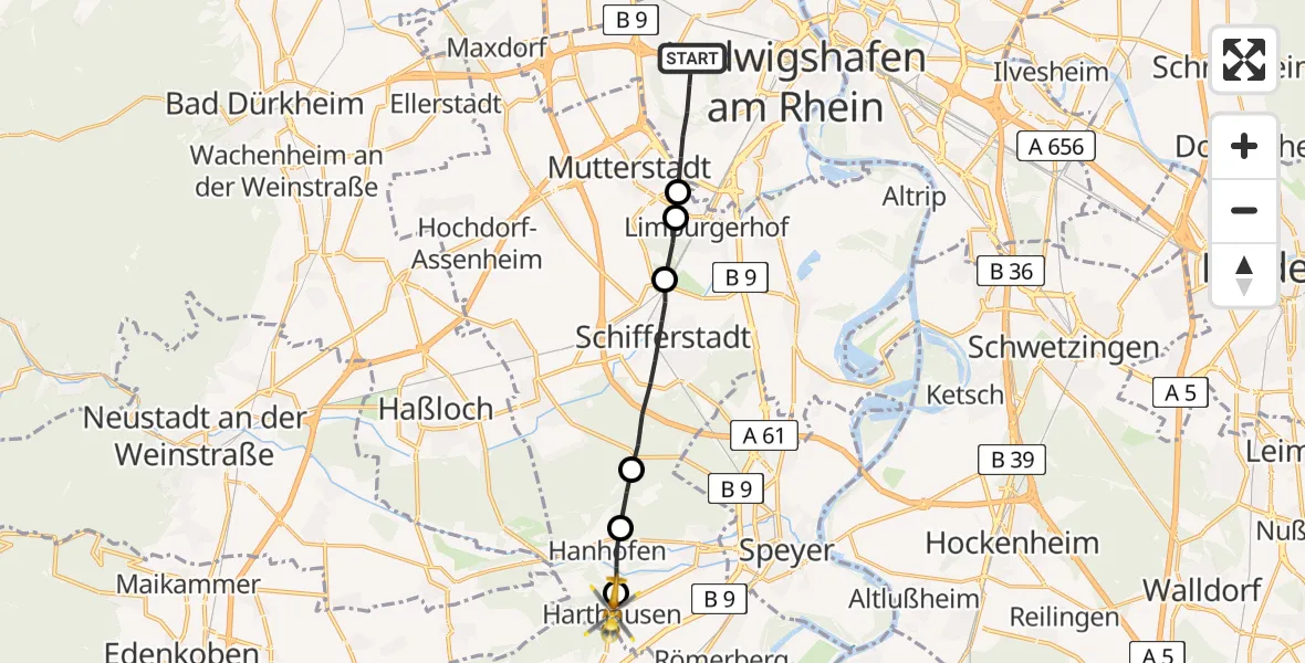 Flugroute Rettungshubschrauber Ludwigshafen am Rhein - Harthausen, 26 April 2026, 05:37