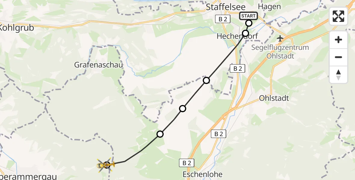 Flugroute Rettungshubschrauber Murnau Accident Hospital - Oberammergau, 26 April 2026, 06:04