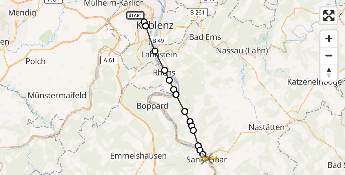Flugroute Rettungshubschrauber Koblenz - Sankt Goarshausen, 26 April 2026, 06:20