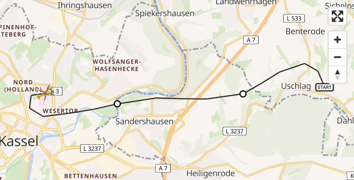 Flugroute Rettungshubschrauber Staufenberg - Kassel, 26 April 2026, 06:20