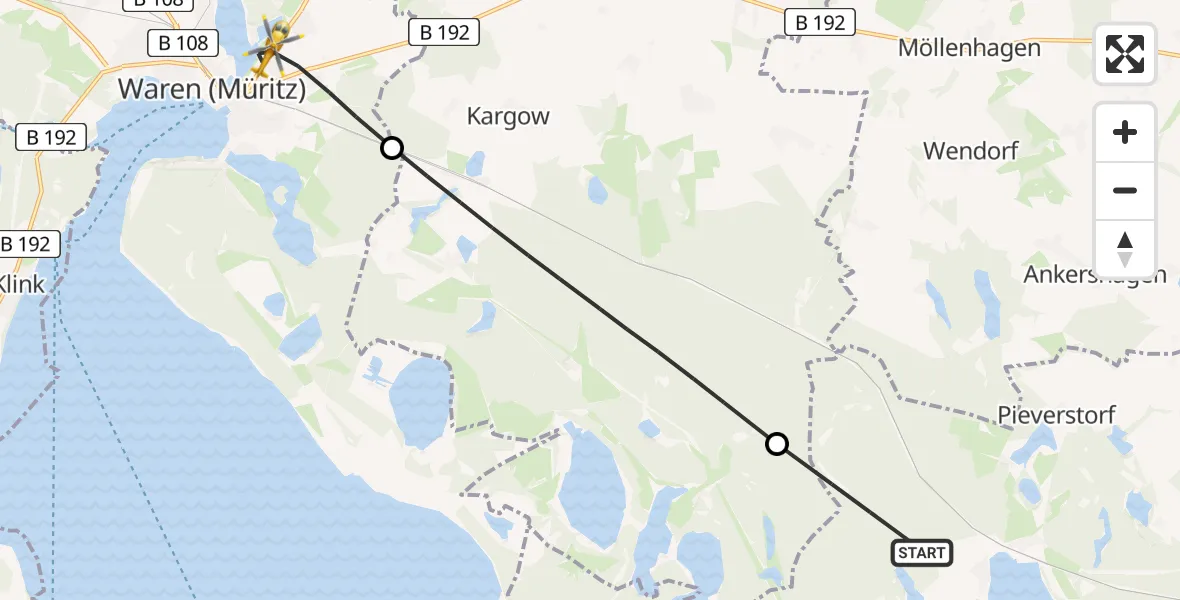 Flugroute Rettungshubschrauber Kratzeburg - Waren (Müritz), 26 April 2026, 06:26