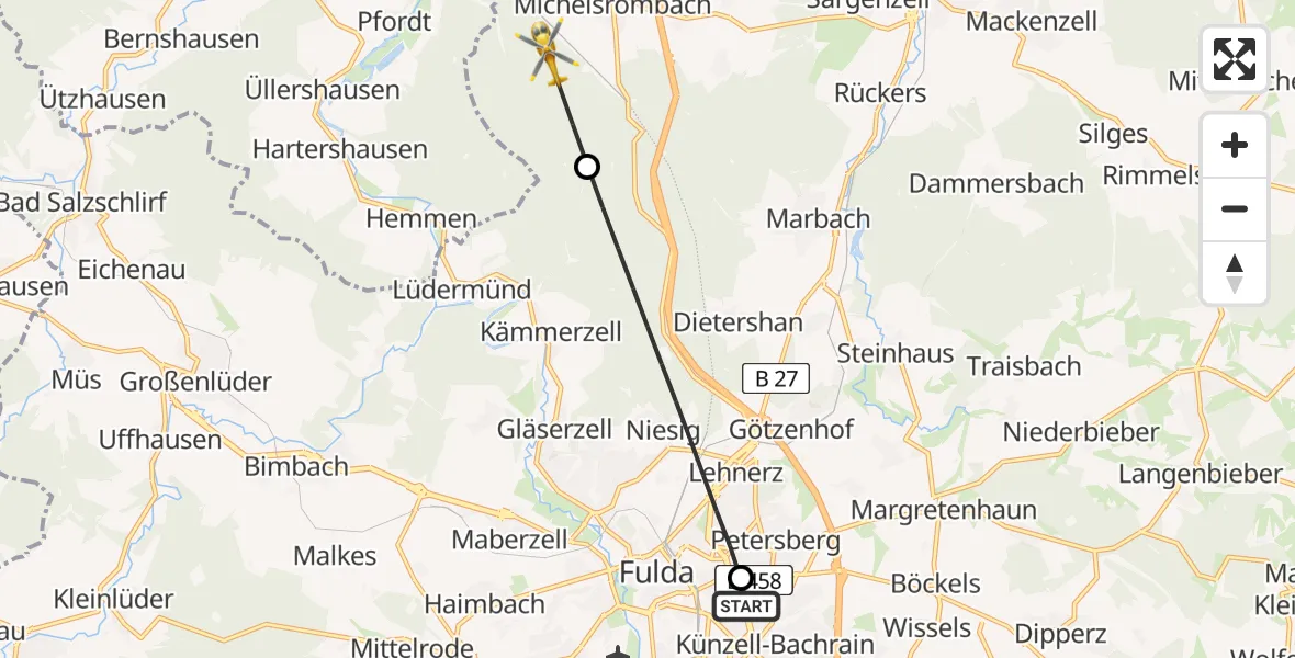 Flugroute Rettungshubschrauber Fulda Hospital - Hünfeld, 26 April 2026, 06:26