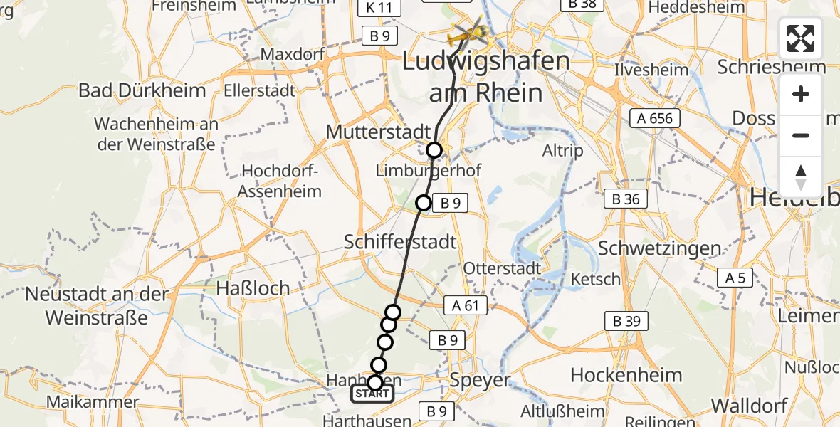 Flugroute Rettungshubschrauber Hanhofen - Ludwigshafen am Rhein, 26 April 2026, 06:35