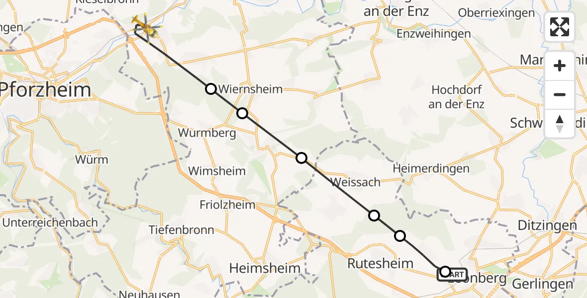 Flugroute Rettungshubschrauber Leonberg Hospital - Niefern-Öschelbronn, 26 April 2026, 06:36