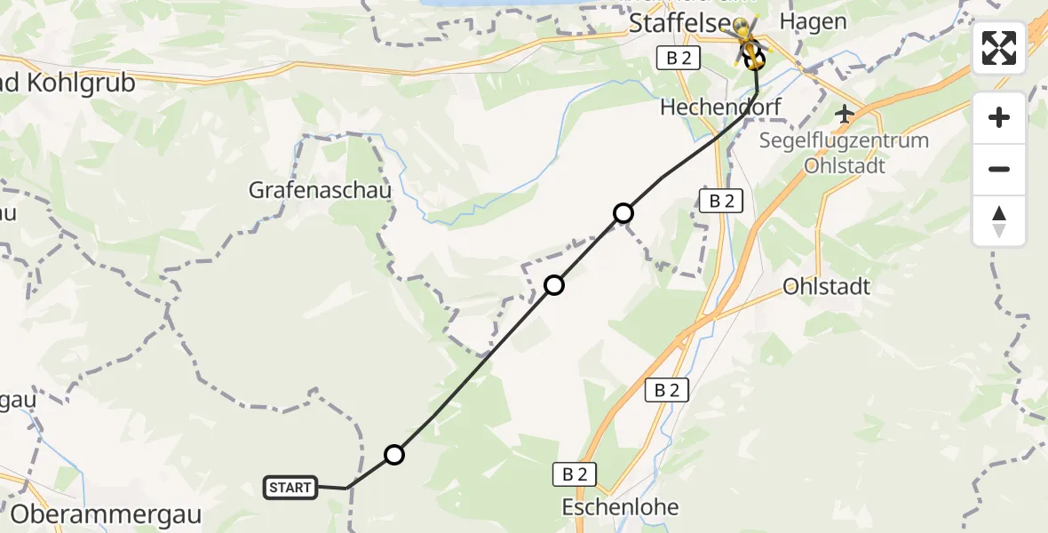 Flugroute Rettungshubschrauber Oberammergau - Murnau Accident Hospital, 26 April 2026, 07:03