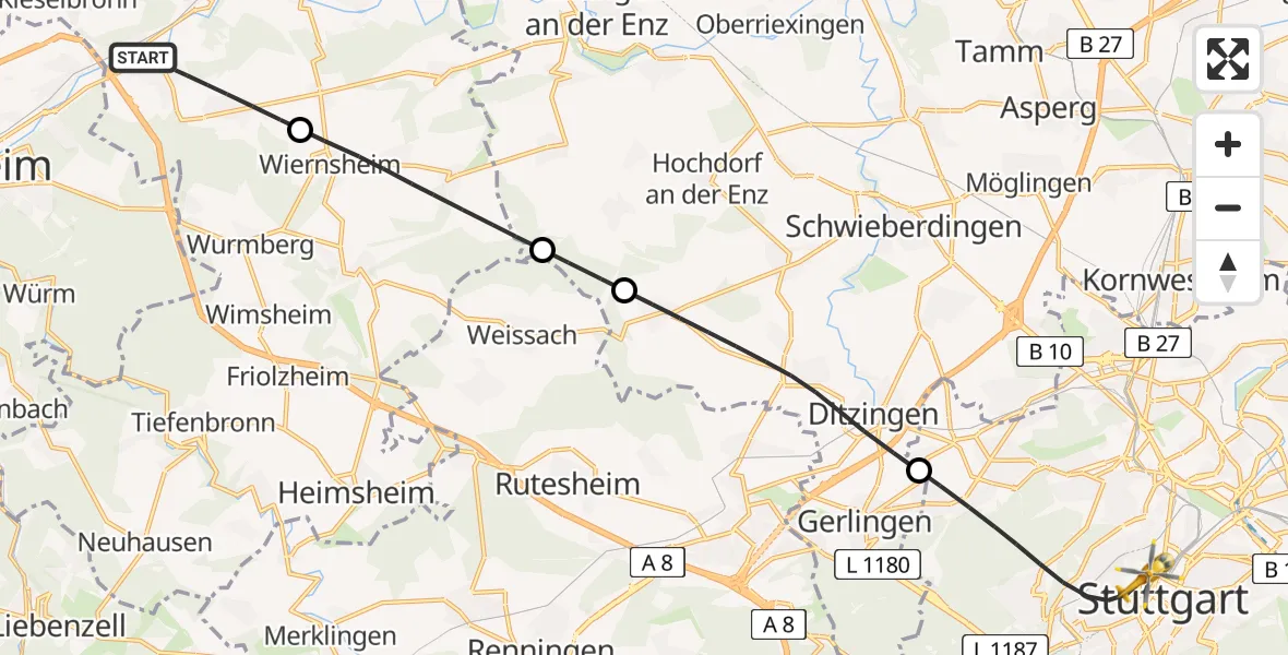 Flugroute Rettungshubschrauber Niefern-Öschelbronn - Stuttgart, 26 April 2026, 07:15