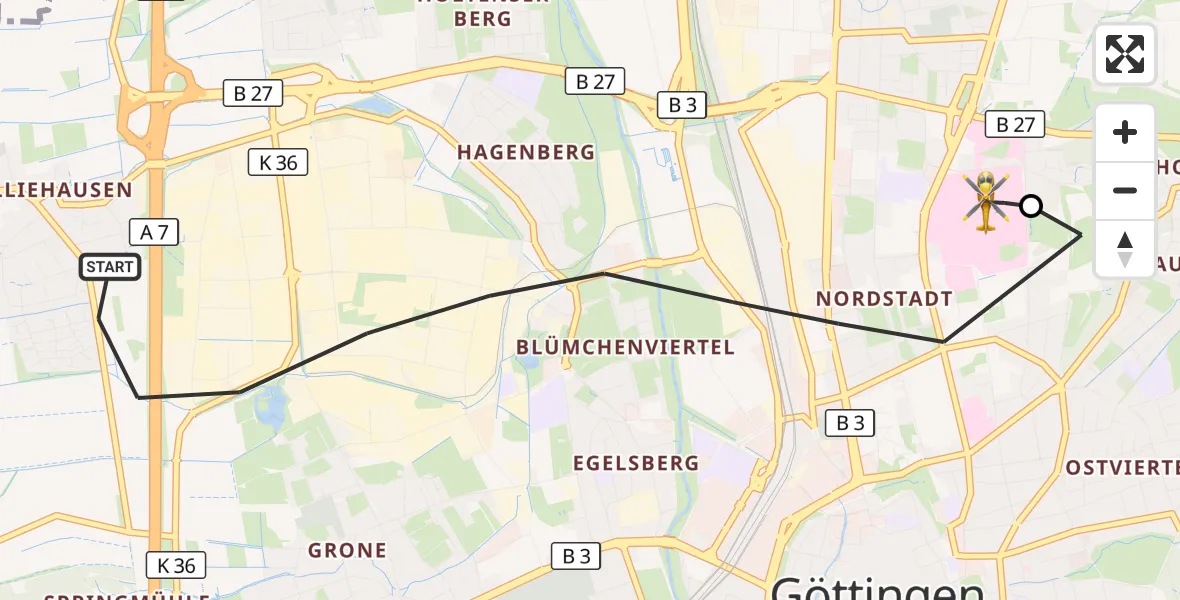 Flugroute Rettungshubschrauber Göttingen - Göttingen University Clinic Hubschrauberlandeplatz, 26 April 2026, 07:44