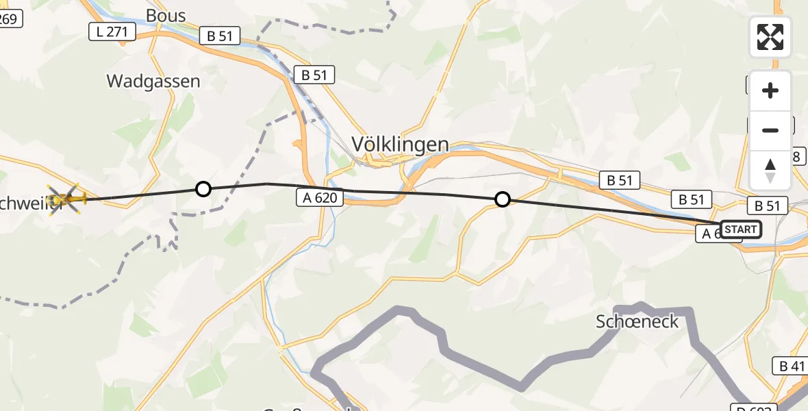 Flugroute Rettungshubschrauber Saarbrücken - Wadgassen, 26 April 2026, 07:58