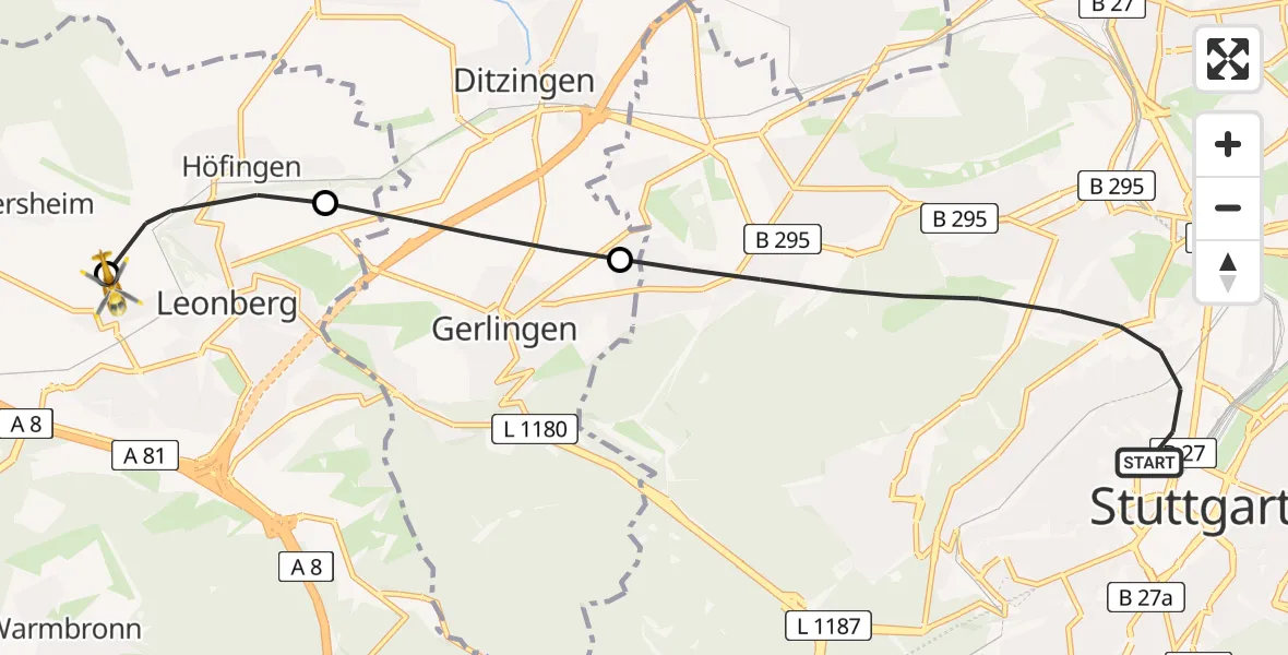 Flugroute Rettungshubschrauber Stuttgart - Leonberg Hospital Hubschrauberlandeplatz, 26 April 2026, 08:06