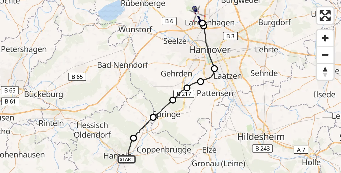 Flugroute Polizeihubschrauber Hameln - Flughafen Hannover, 26 April 2026, 08:06
