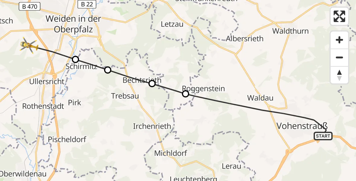 Flugroute Rettungshubschrauber Vohenstrauß - Weiden i.d.OPf., 26 April 2026, 08:34
