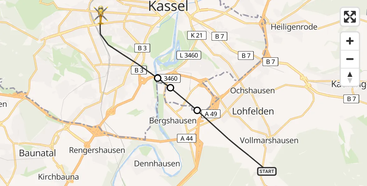 Flugroute Rettungshubschrauber Lohfelden - Kassel, 26 April 2026, 08:38
