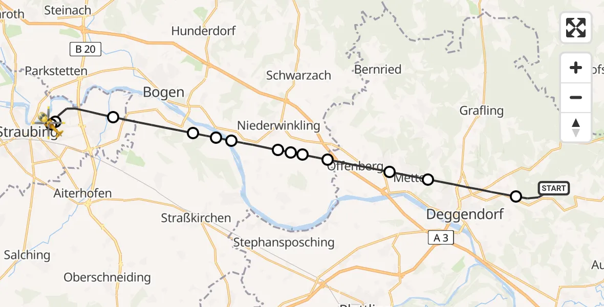 Flugroute Rettungshubschrauber Schaufling - Sankt Elisabeth Hospital Straubing, 26 April 2026, 08:50
