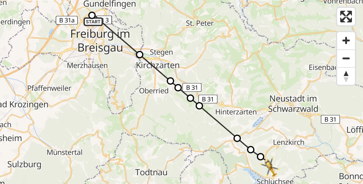 Flugroute Rettungshubschrauber Freiburg im Breisgau Flugplatz - Schluchsee, 26 April 2026, 08:58