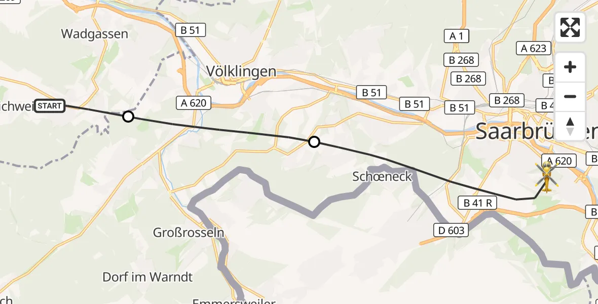 Flugroute Rettungshubschrauber Wadgassen - Saarbrücken, 26 April 2026, 09:02