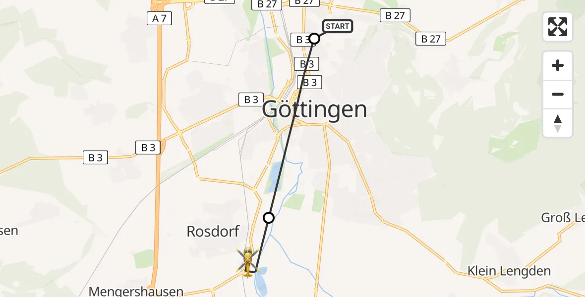 Flugroute Rettungshubschrauber Göttingen University Clinic Hubschrauberlandeplatz - Rosdorf, 26 April 2026, 09:17