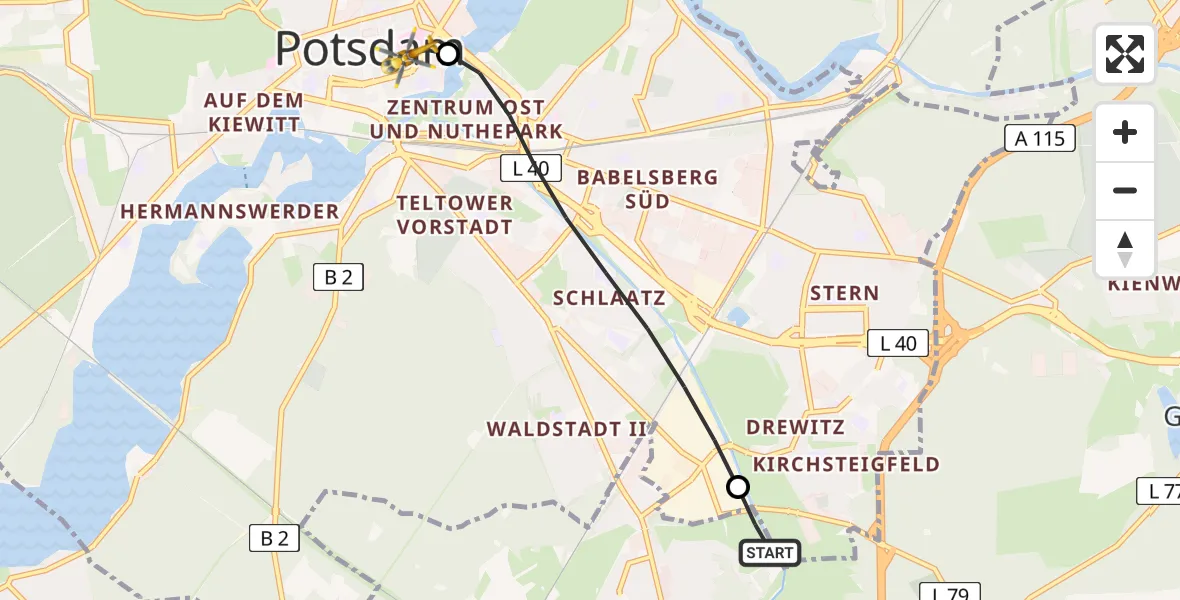 Flugroute Rettungshubschrauber Nuthetal - Ernst von Bergmann Clinic Hubschrauberlandeplatz, 26 April 2026, 09:22