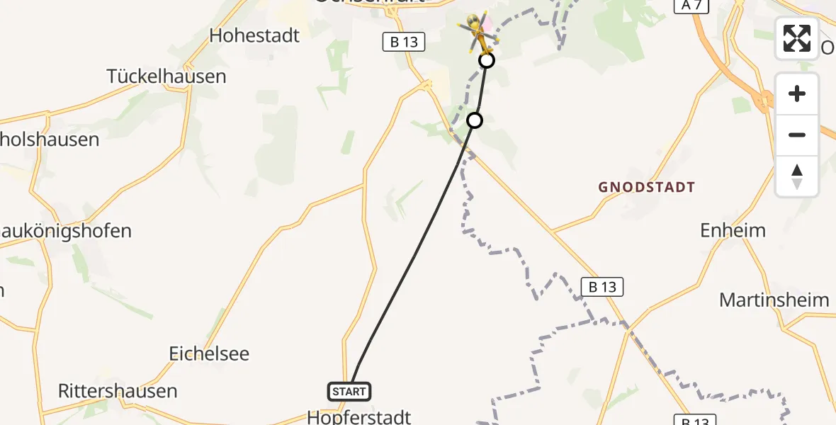 Flugroute Rettungshubschrauber Ochsenfurt - Ochsenfurt Hospital, 26 April 2026, 09:36