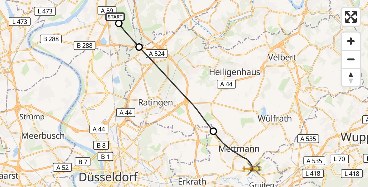 Flugroute Rettungshubschrauber Duisburg Air Rescue Hubschrauberlandeplatz (Christoph 9) - Mettmann, 26 April 2026, 09:48