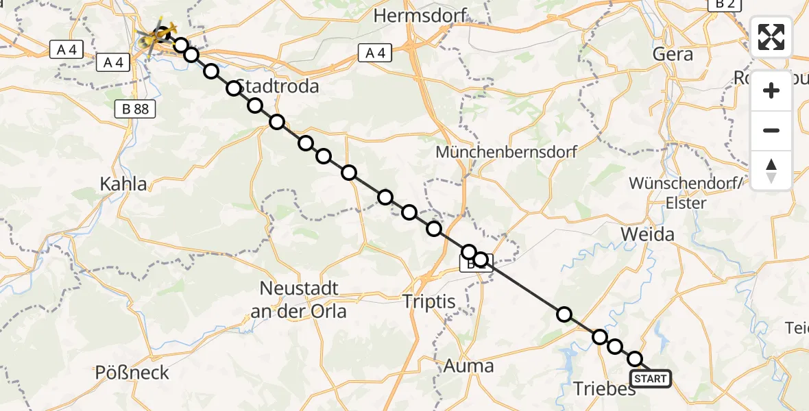 Flugroute Rettungshubschrauber Zeulenroda-Triebes - Jena University Hospital, 26 April 2026, 09:49