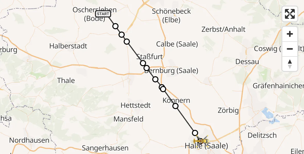 Flugroute Ambulanzhubschrauber Oschersleben (Bode) - Halle (Saale) University Hospital, 26 April 2026, 09:49