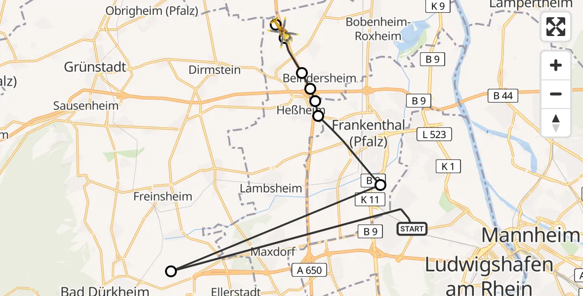 Flugroute Rettungshubschrauber Ludwigshafen am Rhein - Großniedesheim, 26 April 2026, 09:57