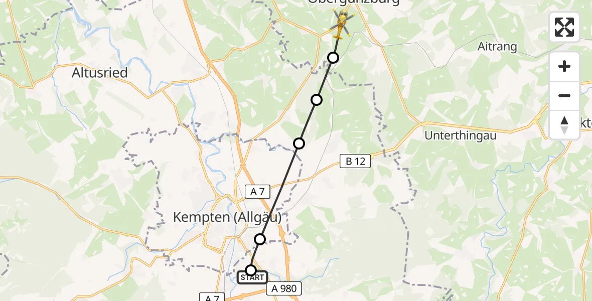 Flugroute Rettungshubschrauber Kempten-Durach Flugplatz - Günzach, 26 April 2026, 09:57