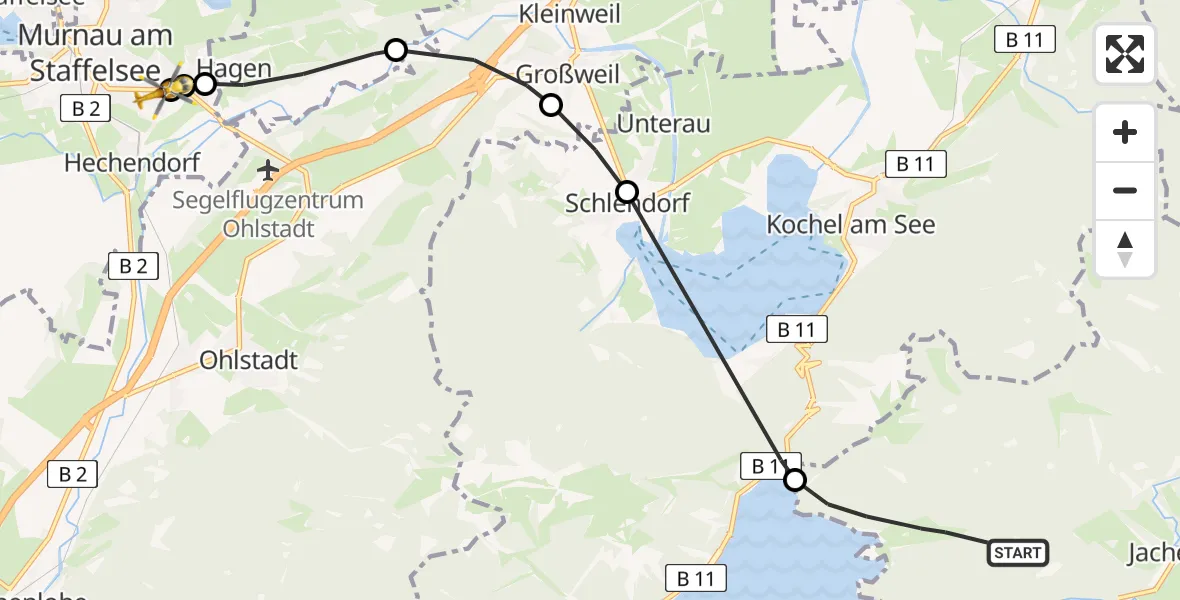 Flugroute Rettungshubschrauber Jachenau - Murnau Accident Hospital, 26 April 2026, 10:12