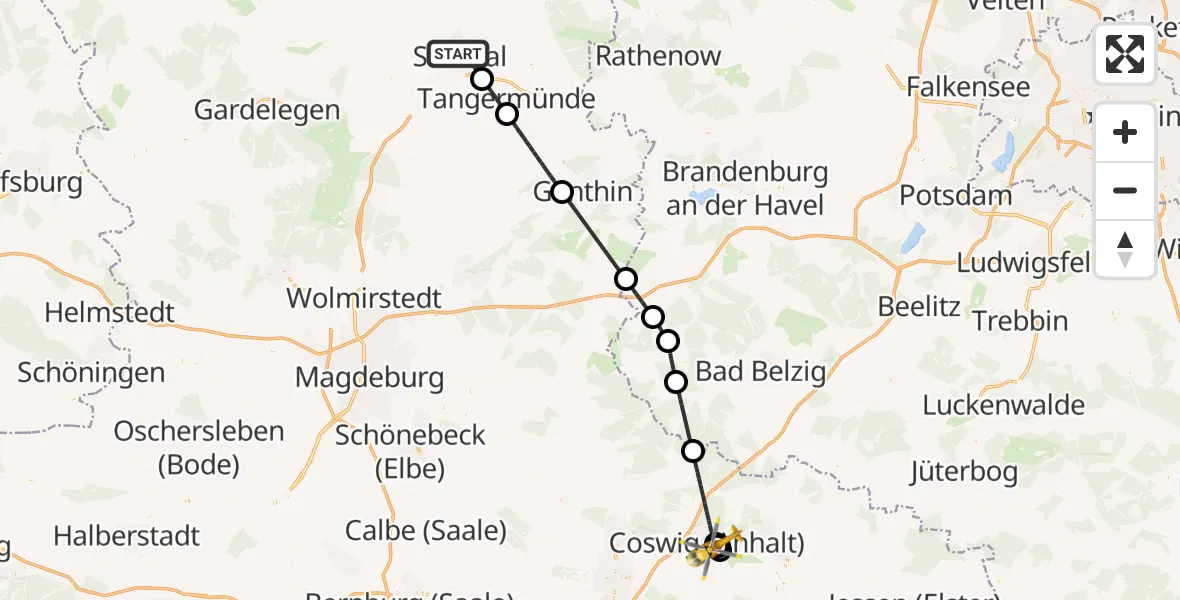 Flugroute Rettungshubschrauber Stendal - MediClin Heart Center Coswig Hubschrauberlandeplatz, 26 April 2026, 10:16