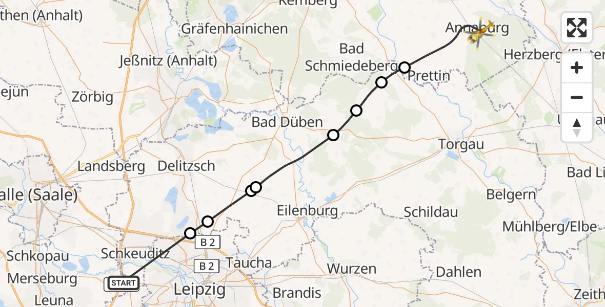 Flugroute Rettungshubschrauber ADAC Air Rescue Station Leipzig/Schkeuditz-Dölzig Hubschrauberlandeplatz (Christoph 61) - Annaburg, 26 April 2026, 10:25