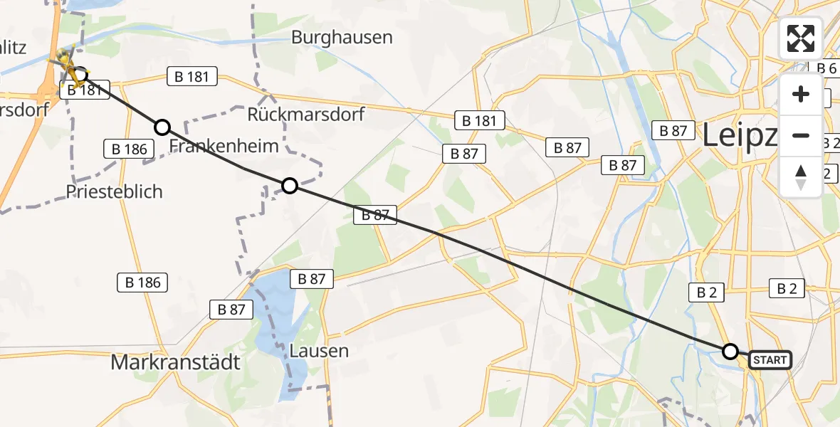 Flugroute Rettungshubschrauber Sankt Elisabeth Hospital Leipzig - ADAC Air Rescue Station Leipzig/Schkeuditz-Dölzig Hubschrauberlandeplatz (Christoph 61), 26 April 2026, 10:30