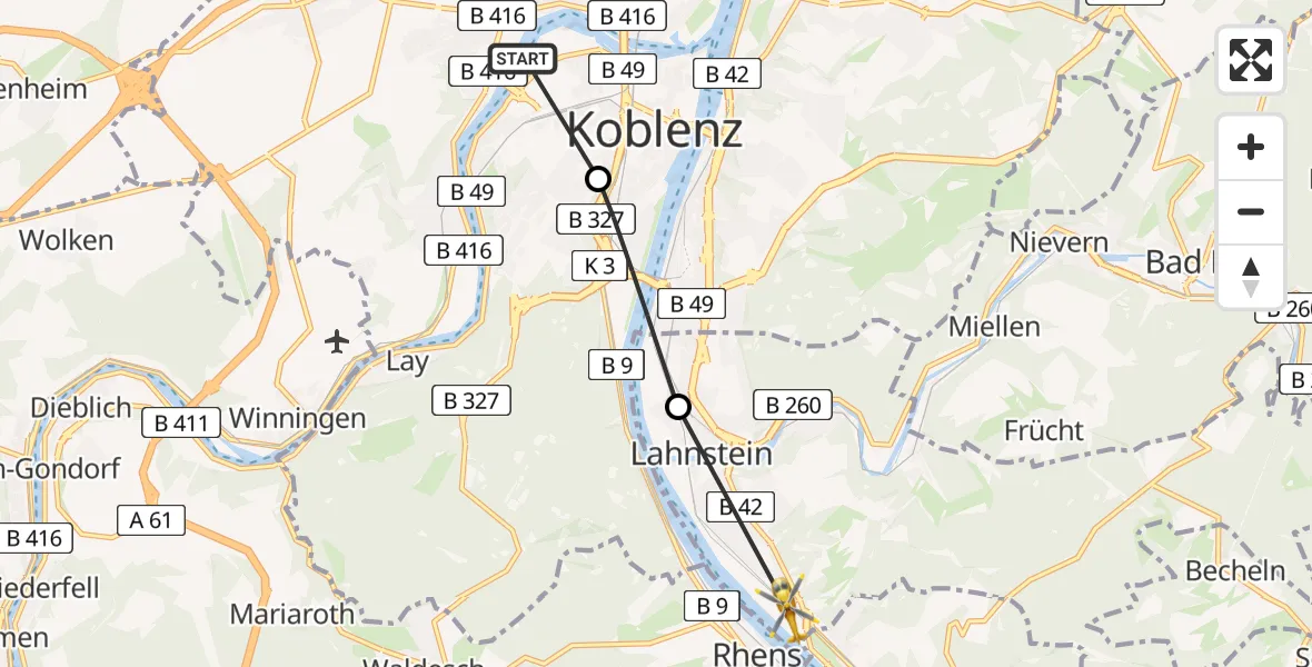 Flugroute Rettungshubschrauber Katholisches Klinikum Marienhof Koblenz Hubschrauberlandeplatz - Lahnstein, 26 April 2026, 10:34