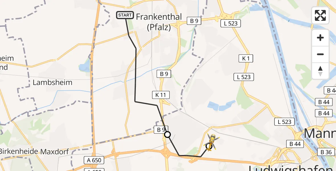 Flugroute Rettungshubschrauber Frankenthal (Pfalz) - Ludwigshafen Accident Hospital, 26 April 2026, 10:38