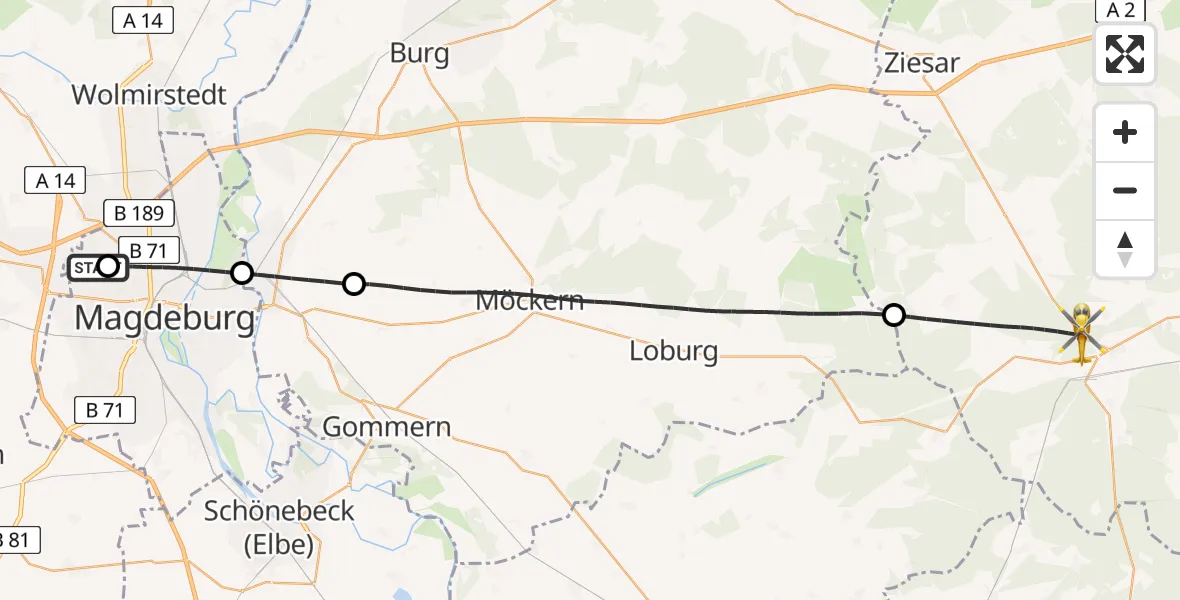 Flugroute Rettungshubschrauber Magdeburg Hospital - Wiesenburg/Mark, 26 April 2026, 10:45