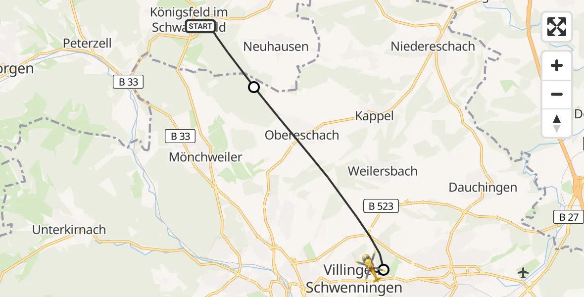 Flugroute Rettungshubschrauber Königsfeld im Schwarzwald - DRF Air Rescue Station Villingen-Schwenningen Hubschrauberlandeplatz (Christoph 11), 26 April 2026, 10:45