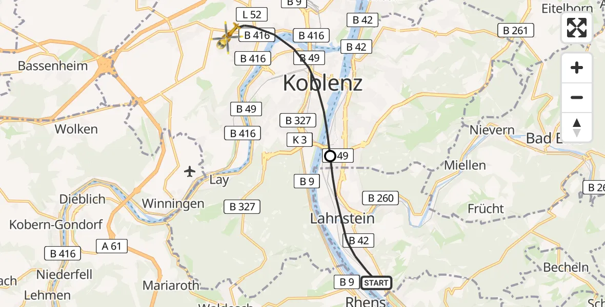 Flugroute Rettungshubschrauber Lahnstein - Koblenz, 26 April 2026, 10:48