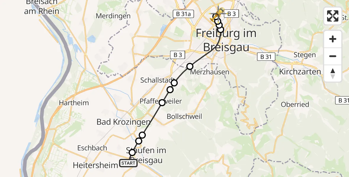 Flugroute Rettungshubschrauber Staufen im Breisgau - Freiburg im Breisgau Flugplatz, 26 April 2026, 10:55